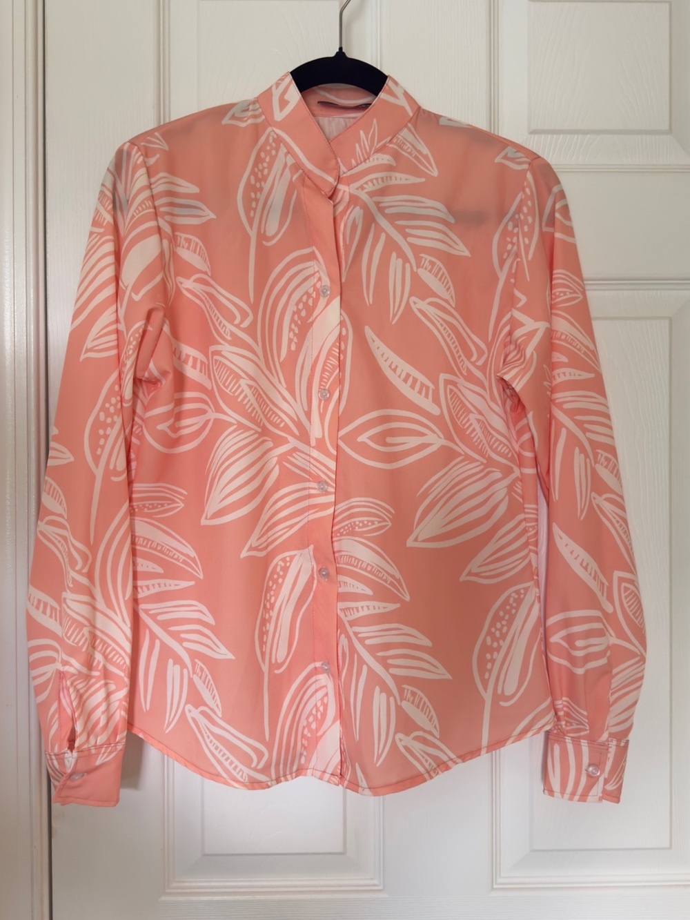Womens Coral Pink Leaf-Print Button-Up Blouse